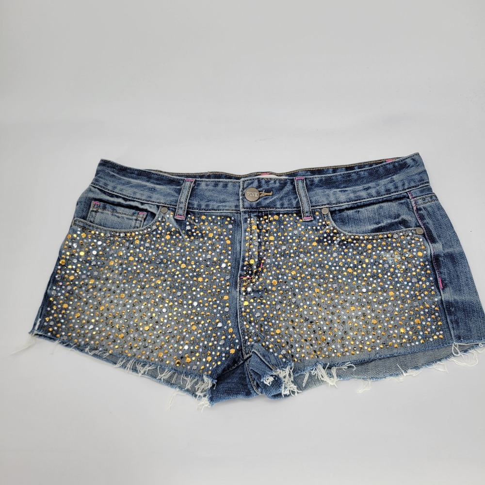 Pink Victoria's Secret Studded Rhinestone Denim Shorts Blue Cut Off Size 4
